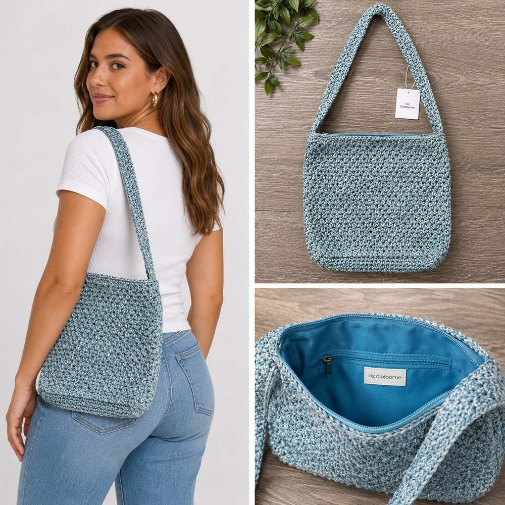 NWT Liz Claiborne Large Ocean Blue Crochet Shoulder Bag Vintage Y2K High Tide